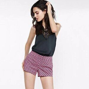 Express Sz 0 Pink Multi Color Diamond Retro Print Mid Rise Dress Shorts Vintage